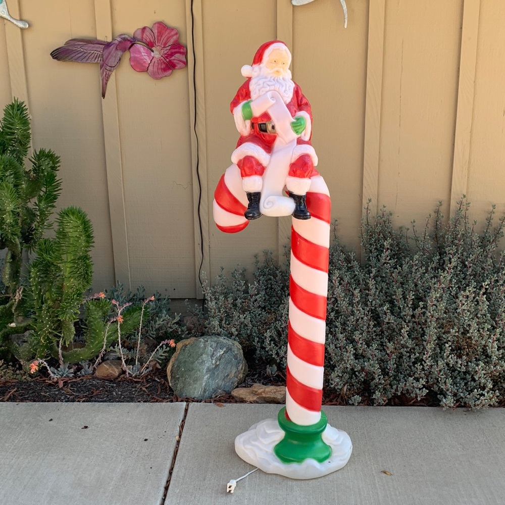Santa on Candy Cane Blow Mold Lighted- RARE - 49 inches tall